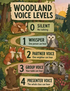 Cozy Woodland voice level chart with forest animals and a storybook path