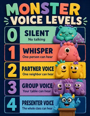 Friendly Monsters voice level chart with five expressive clay characters