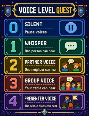 Pixel Quest voice level chart in an original retro game style