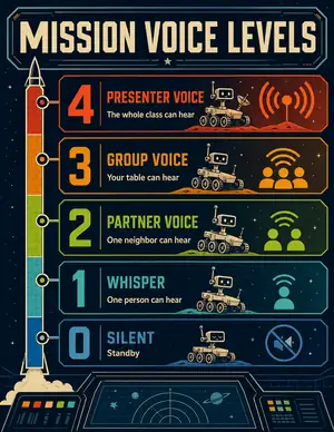 Space Mission voice level chart styled like a calm mission-control display