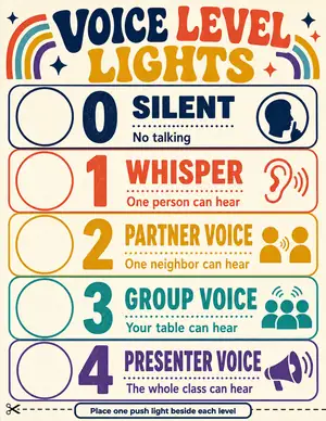 Voice Level Lights printable with five aligned spaces for classroom push lights