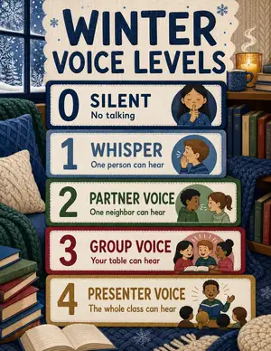 Winter Reading Nook voice level chart with books and knitted textures